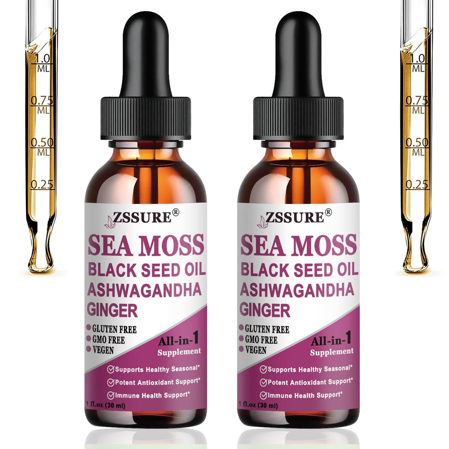 ZSSURE 2 Pack Organic Liquid Sea Moss Black Seed Oil Ashwagandha Bladderwrack Burdock - 3000mg Irish Sea Moss 4X Stronger Than Pills & Capsules Seamoss fo Immunity Joint Gut Health Support